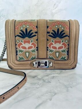 Rebecca Minkoff Small Love Embroidered Nubuck Leather Sandstone Crossbody Bag